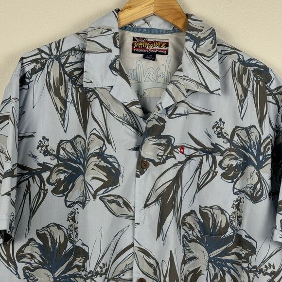 Quiksilver Hawaiian Floral Casual Button-Up Short Sleeve Shirt Blue Size Large - Picture 2 of 5